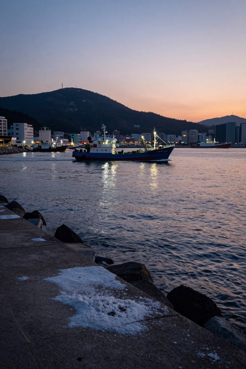 Early Morning Harbor Scene in Busan South Korea at Nautical Dawn in in Busan, South Korea