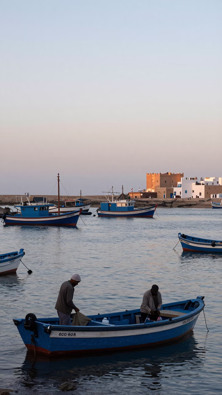 Early Morning Harbor Scene in Essaouira Morocco with Fishing Boats and Coastal Activity in in Essaouira, Morocco