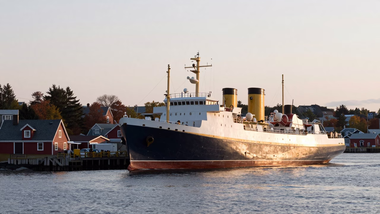 Early Morning Harbor Scene in Halifax Nova Scotia Canada with Steamship and Local Life in in Halifax, Nova Scotia, Canada