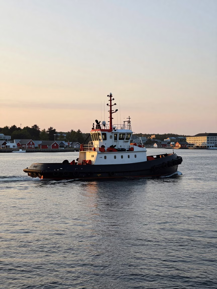 Early Morning Harbor Scene in Halifax Nova Scotia with Tugboat and Working Dock in in Halifax, Nova Scotia, Canada