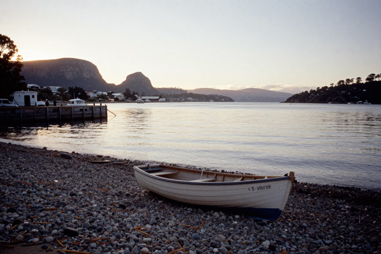 Early Morning Harbor Scene in Hobart Tasmania with Rowboat on Pebble Beach in in Hobart, Tasmania, Australia