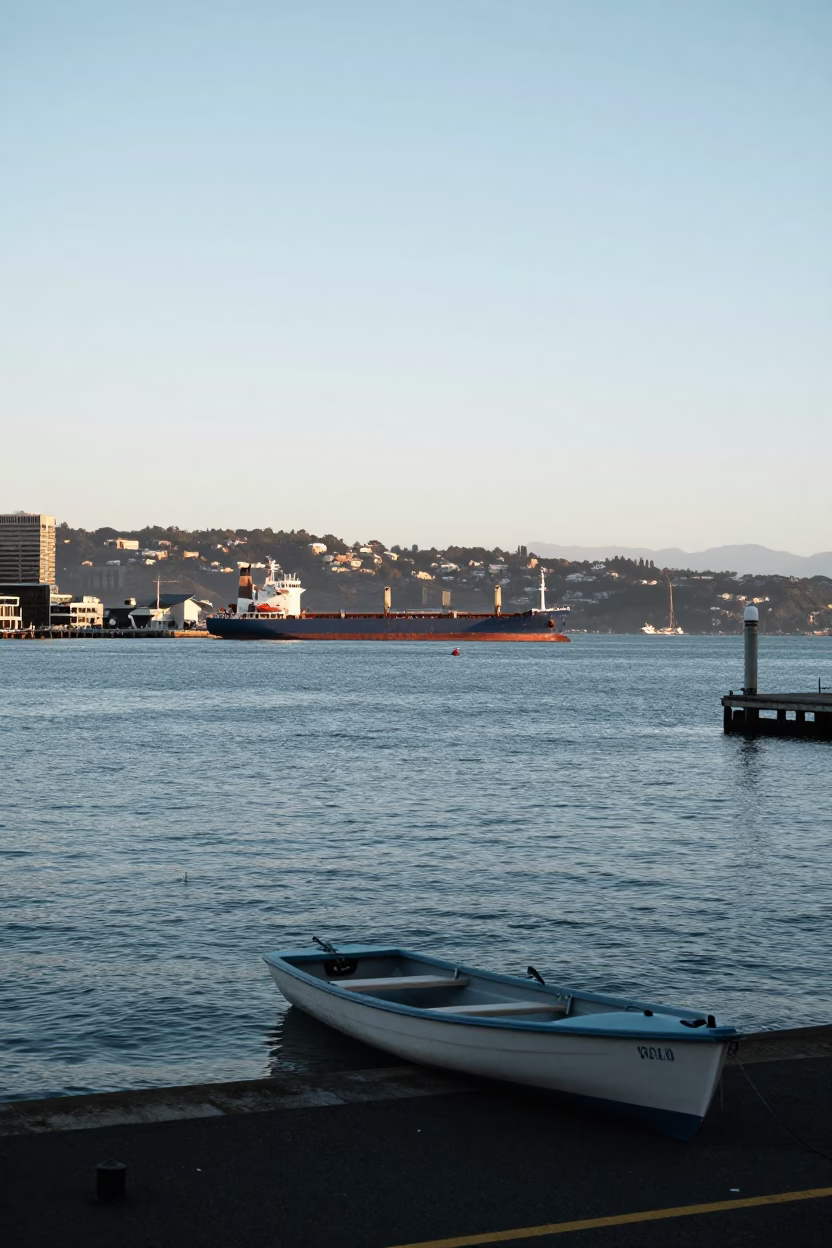 Early Morning Harbor Scene with Cargo Ship Horizon and Rowing Boat Wellington New Zealand in in Wellington, New Zealand