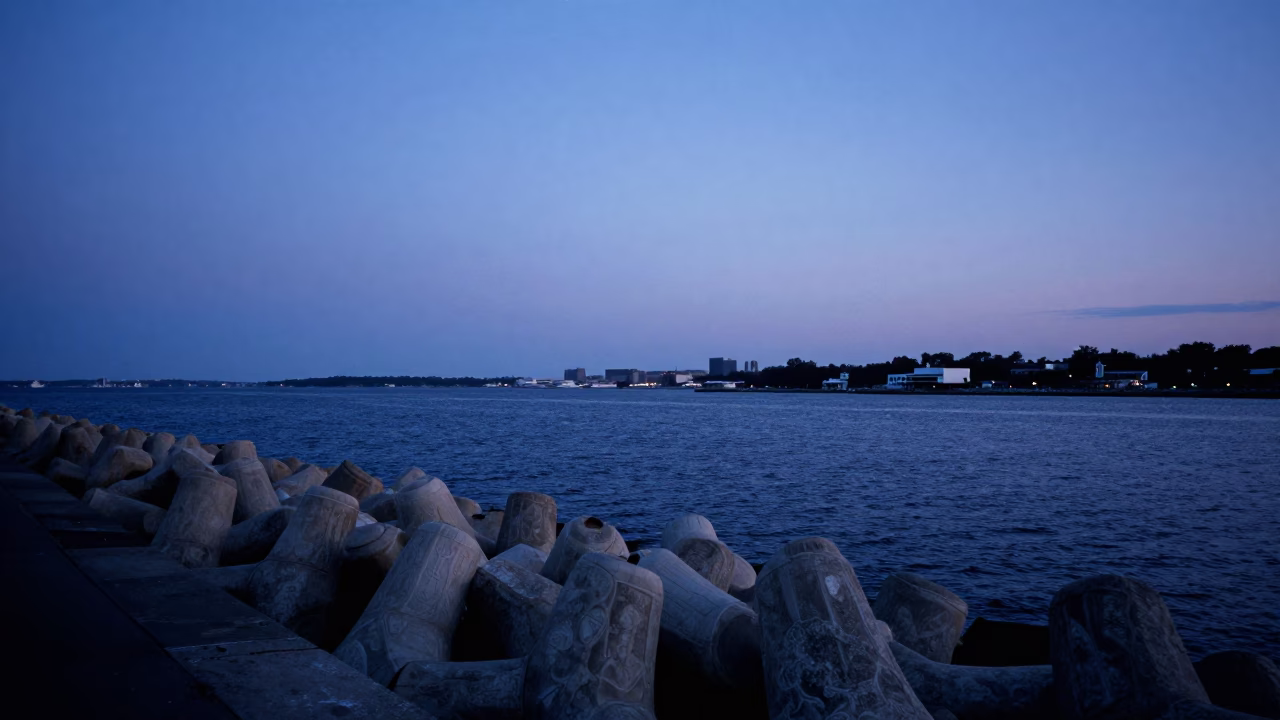 Early Morning Harbor View from Boston Breakwater with Ceramic Pitcher and Ladder in in Boston, Massachusetts, United States