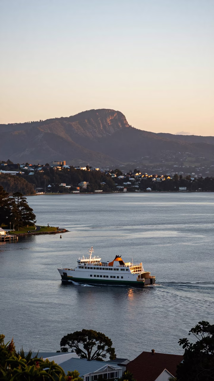 Early morning harbor view with ferry departing Hobart Tasmania mountains backdrop in in Hobart, Tasmania, Australia