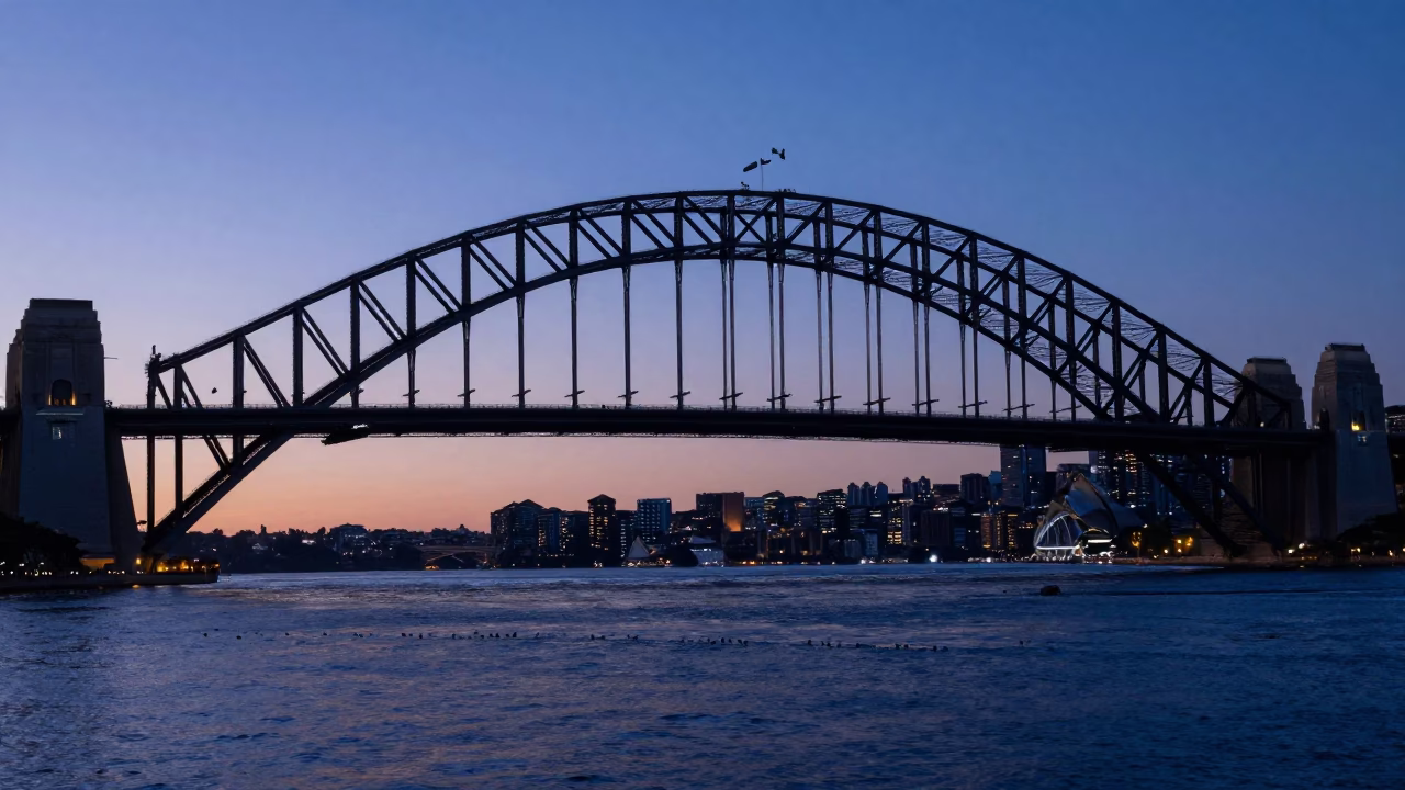 Early Morning Harbour Bridge Silhouette and Pigeons on Sydney Wharf in in Sydney, New South Wales, Australia