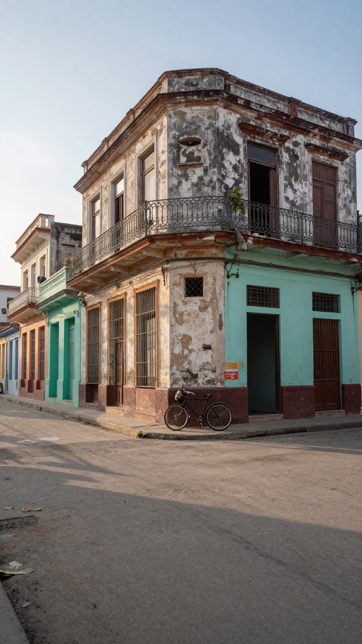 Early Morning Havana Cuba Street Scene with Bicycle and Weathered Colonial Architecture in in Havana, Cuba
