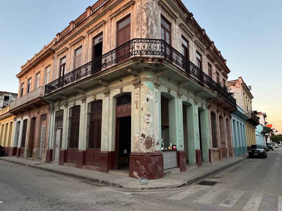 Early Morning Havana Cuba Street Scene with Faded Colonial Architecture and Local Daily Life in in Havana, Cuba