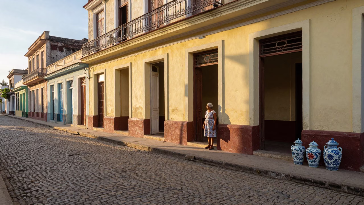 Early Morning Havana Cuba Street Scene with Porcelain Jars and Latch Details in in Havana, Cuba