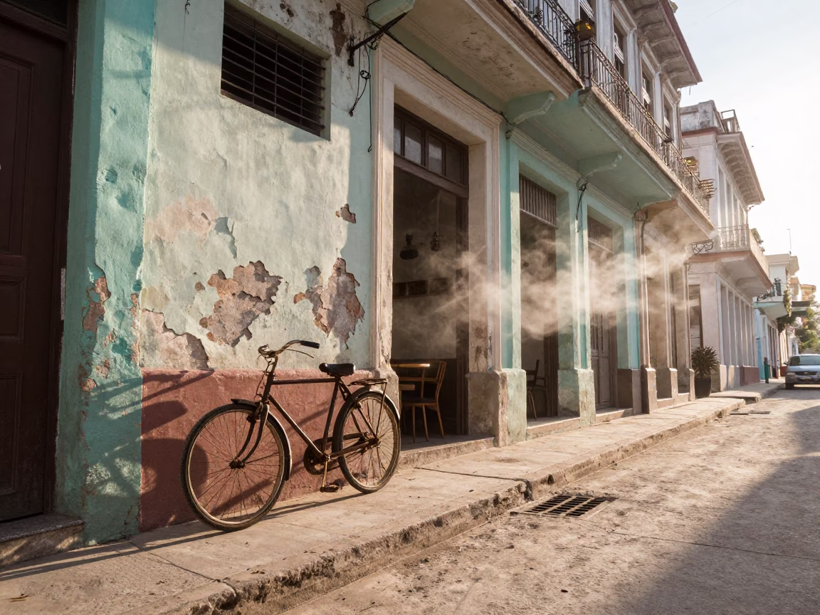 Early Morning Havana Cuba Street Scene with Vintage Bicycle and Steam Haze in in Havana, Cuba