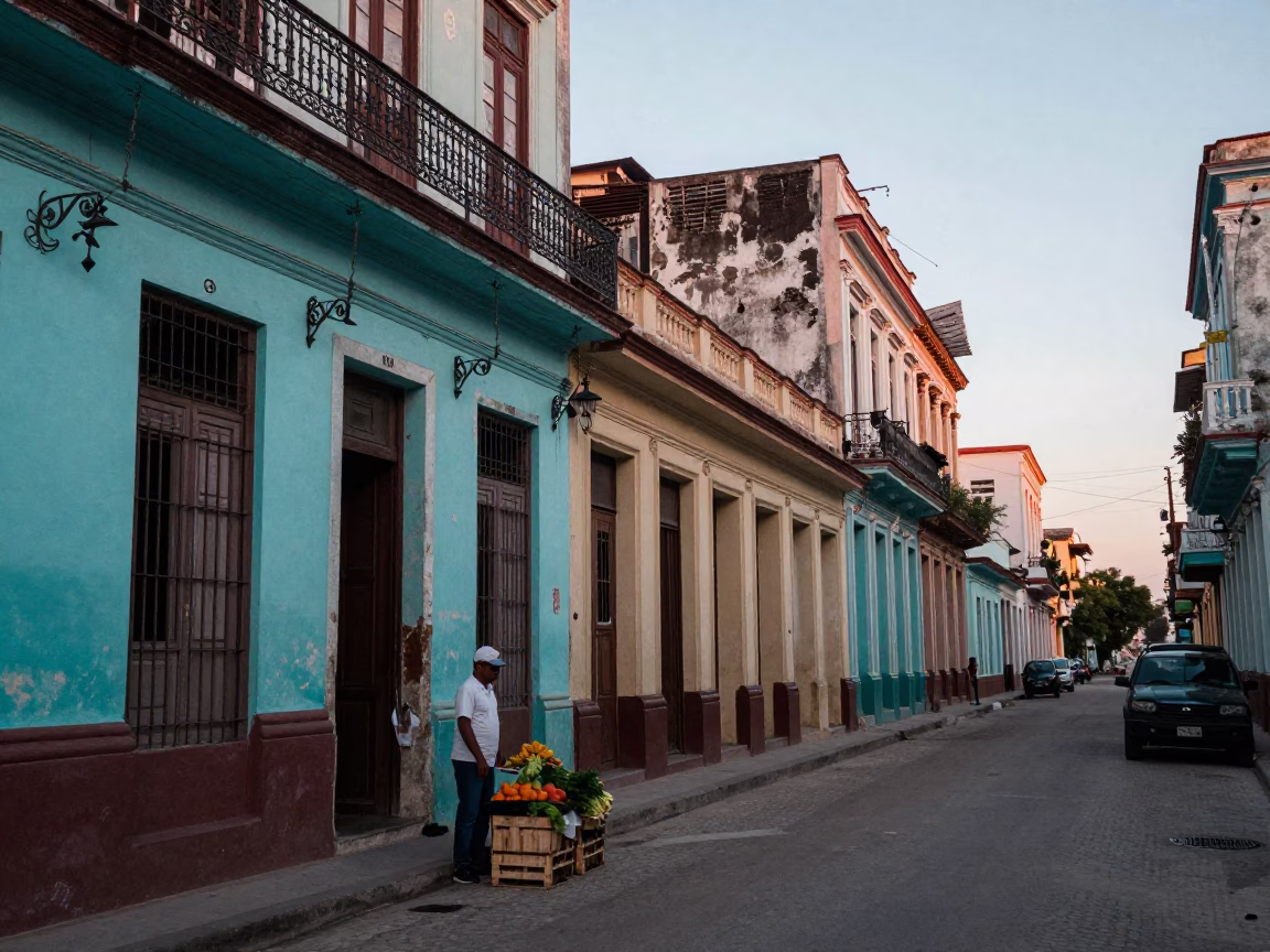 Early Morning Havana Street Scene with Colorful Building Facades and Local Market Activity in in Havana, Cuba