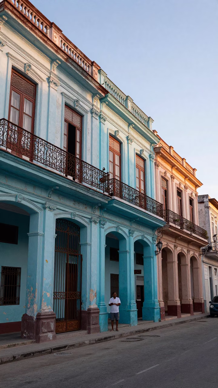 Early Morning Havana Street Scene with Colorful Colonial Architecture and Daily Life in in Havana, Cuba