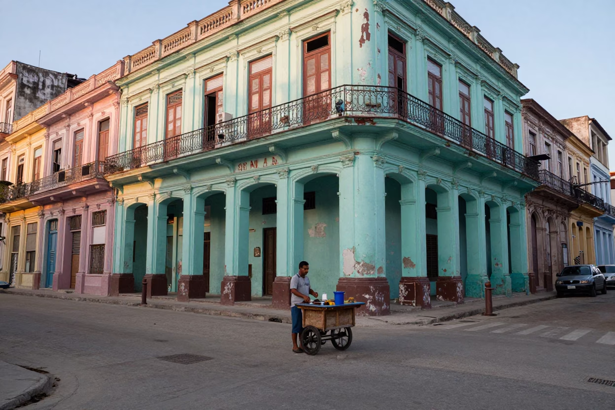 Early Morning Havana Street Scene with Colorful Colonial Architecture and Local Life in in Havana, Cuba
