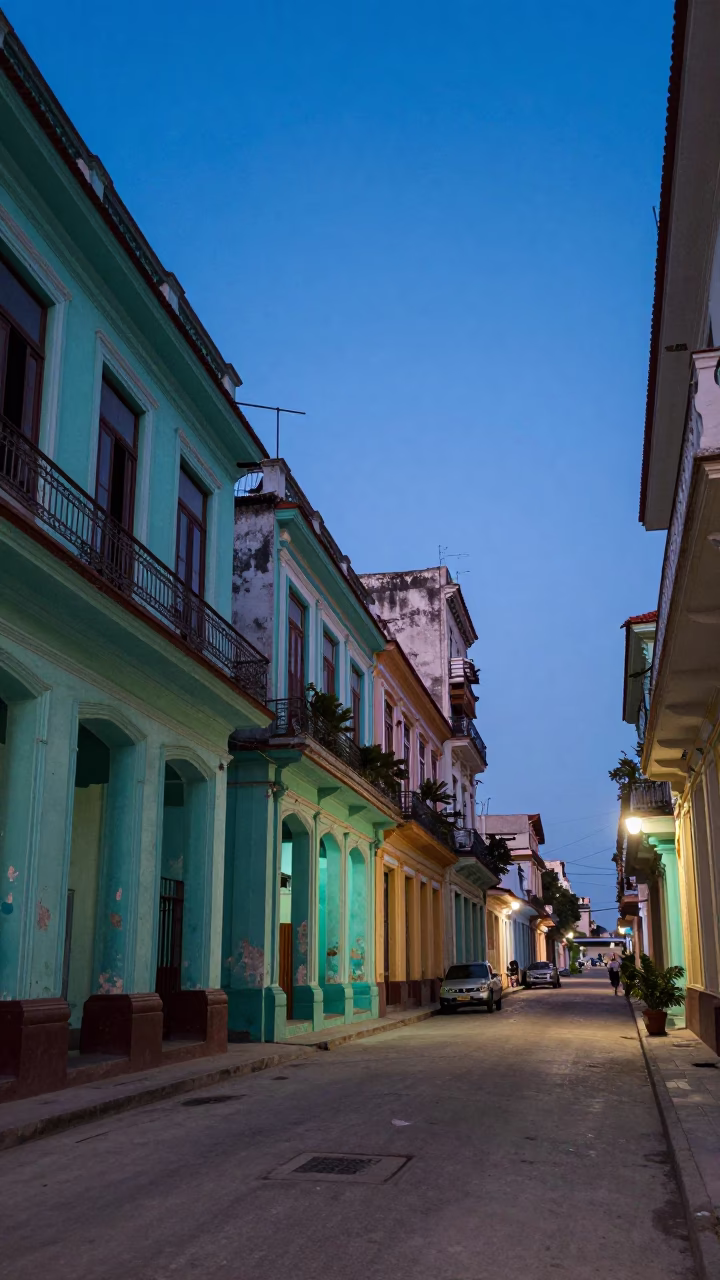 Early Morning Havana Street Scene with Colorful Colonial Facades and Local Morning Activity in in Havana, Cuba