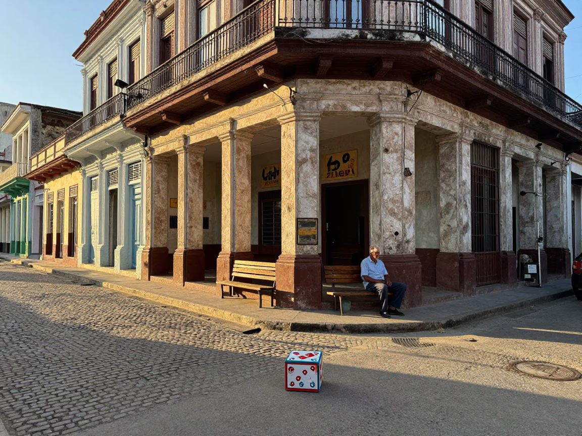 Early Morning Havana Street Scene with Domino Box and Clay Pot in in Havana, Cuba