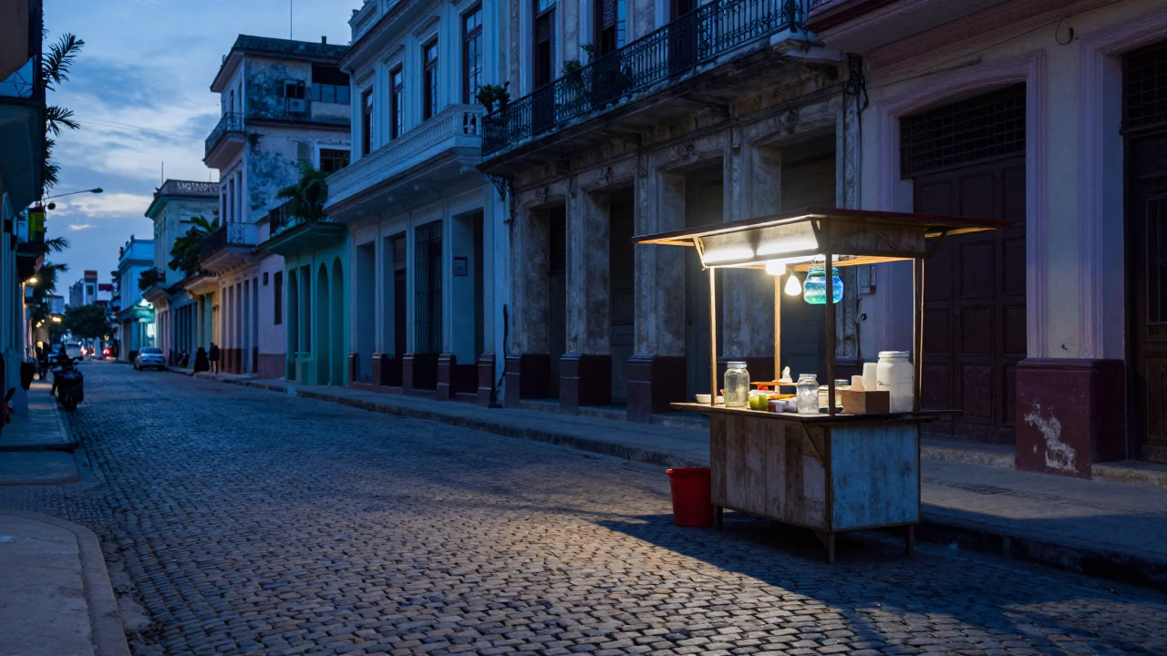 Early morning Havana street scene with glass jar and basil leaves in in Havana, Cuba
