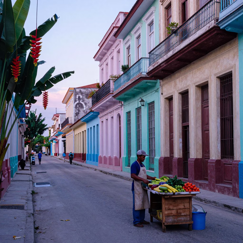 Early Morning Havana Street Scene with Heliconia Flowers and Local Market Activity in in Havana, Cuba