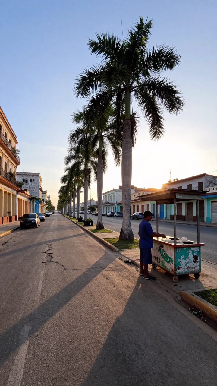 Early Morning Havana Street Scene with Palm Trees and Local Commerce in in Havana, Cuba
