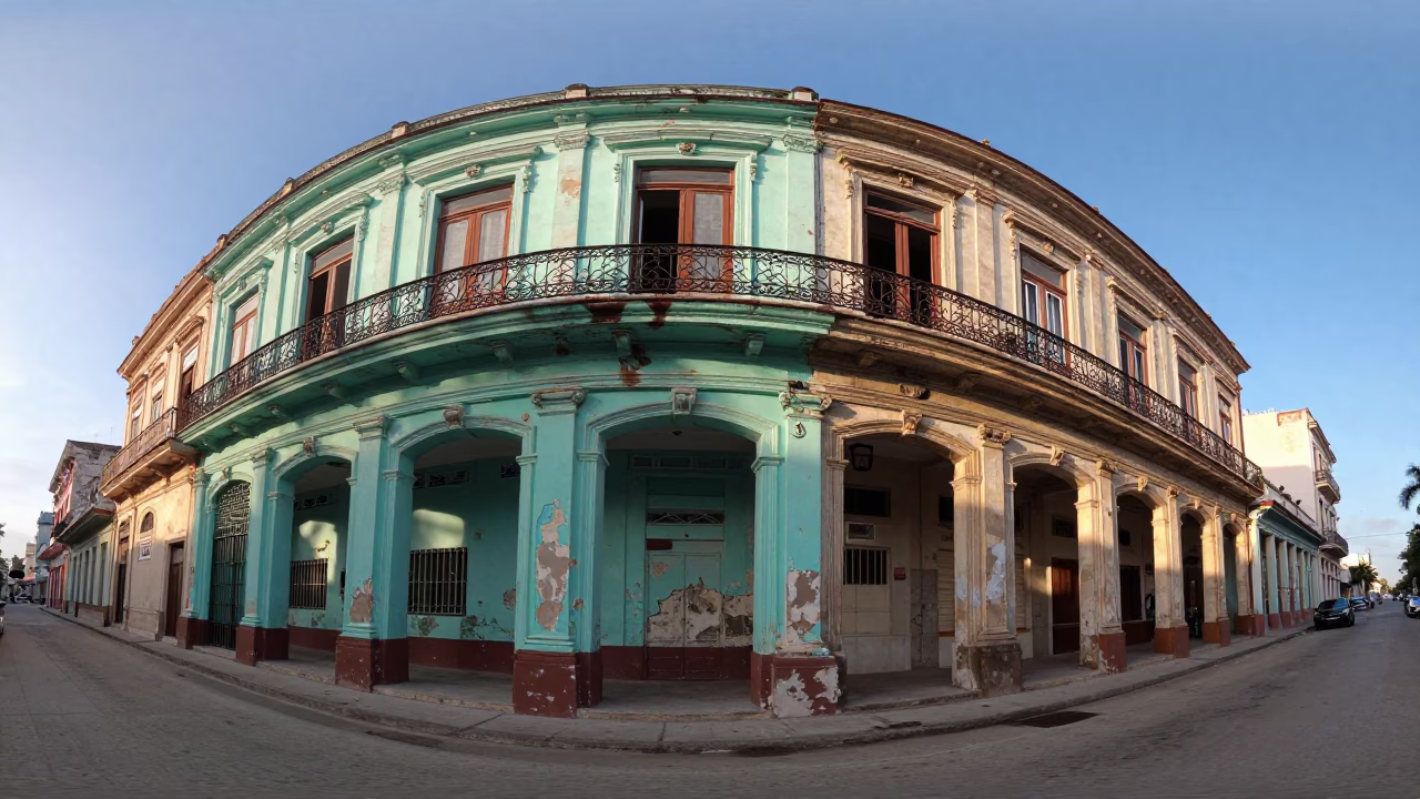Early Morning Havana Street Scene with Peeling Colonial Architecture and Local Daily Life in in Havana, Cuba