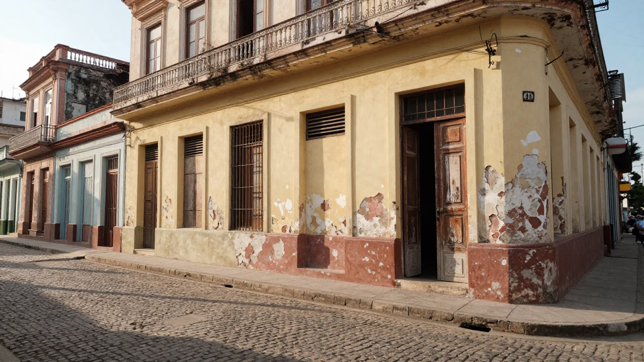 Early Morning Havana Street Scene with Peeling Colonial Architecture and Local Life in in Havana, Cuba