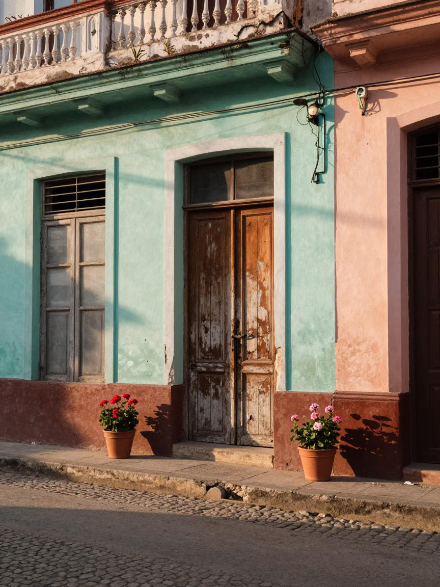 Early Morning Havana Street Scene with Potted Geraniums and Peeling Colonial Architecture in in Havana, Cuba