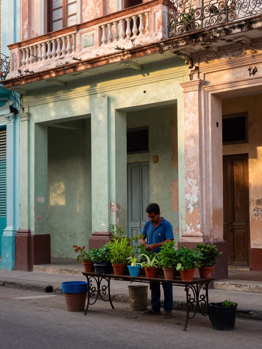 Early Morning Havana Street Scene with Potted Herbs and Vintage Architecture in in Havana, Cuba