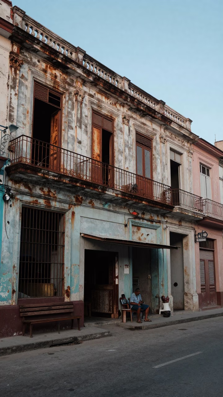 Early Morning Havana Street Scene with Rusty Windows and Chess Clock in in Havana, Cuba