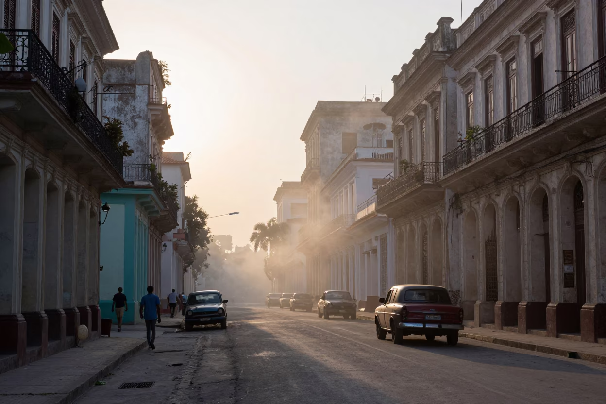 Early Morning Havana Street Scene with Steam Haze and Local Life Before Dawn in in Havana, Cuba