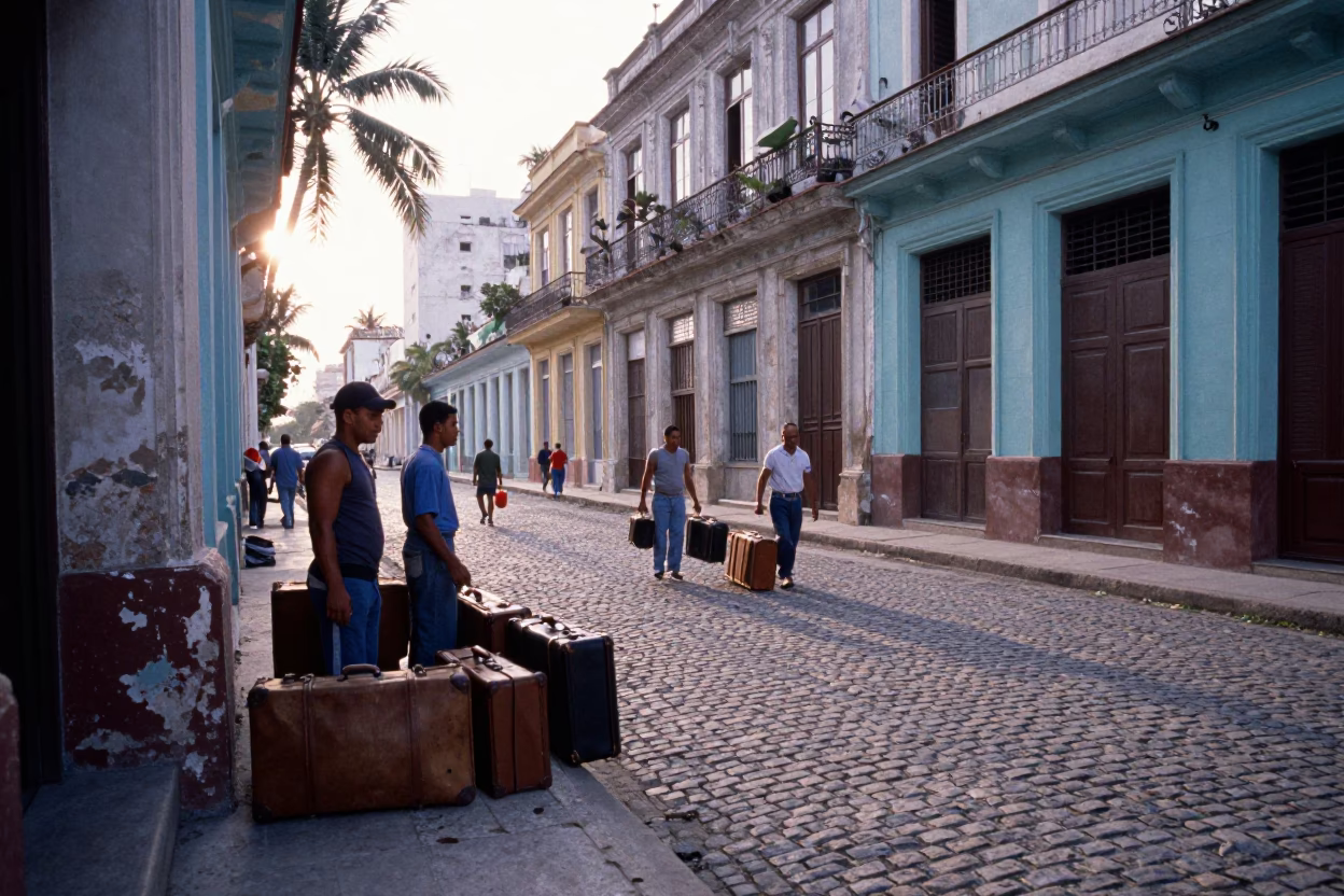 Early Morning Havana Street Scene with Suitcases and Peeling Colonial Architecture in in Havana, Cuba