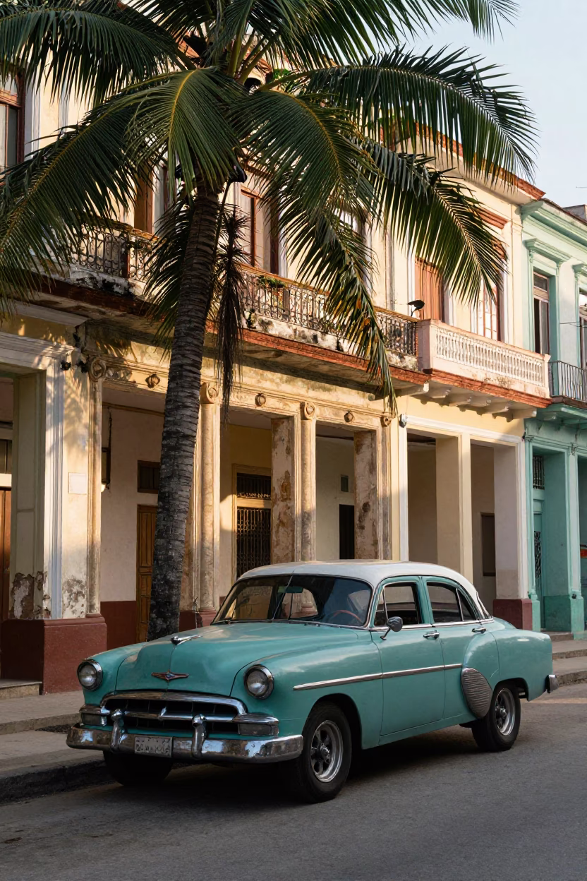 Early Morning Havana Street Scene with Vintage American Car and Local Pedestrians in in Havana, Cuba