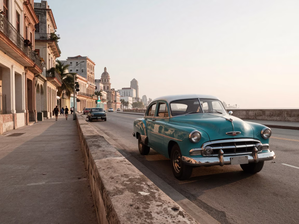 Early Morning Havana Street Scene with Vintage Car and Local Life in in Havana, Cuba