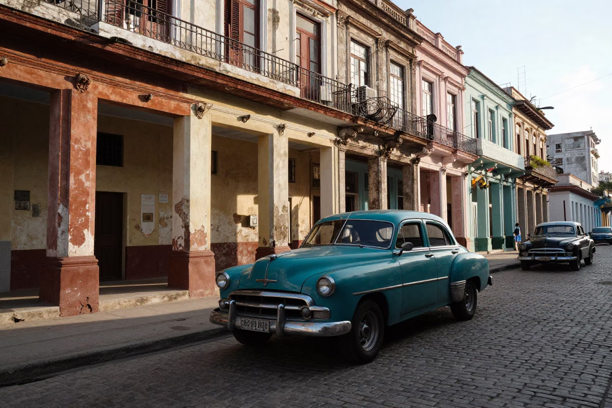 Early Morning Havana Street Scene with Vintage Cars and Local Market Activity in in Havana, Cuba