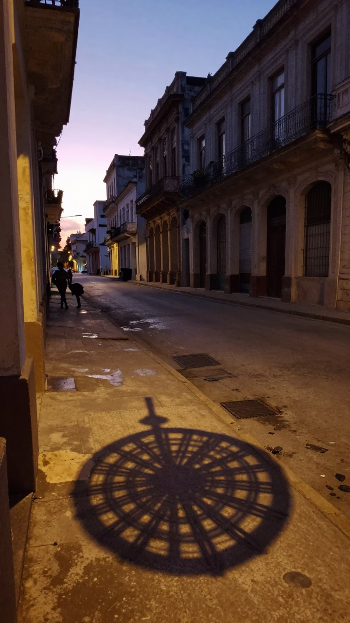 Early Morning Havana Street Scene with Wicker Shadow and Stool Before Dawn in in Havana, Cuba