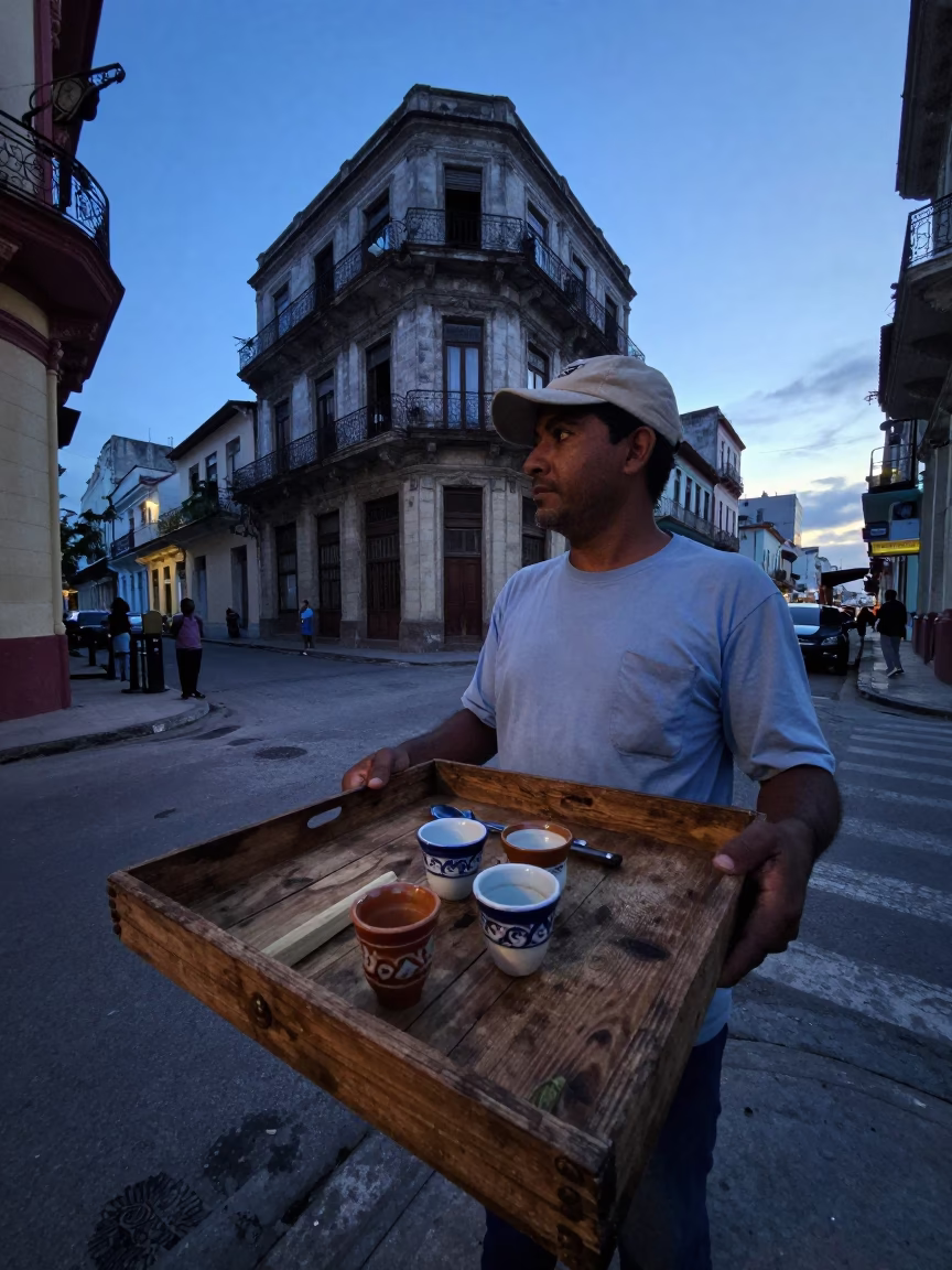 Early Morning Havana Street Scene with Wooden Tray and Beaded Sandals at Dawn in in Havana, Cuba