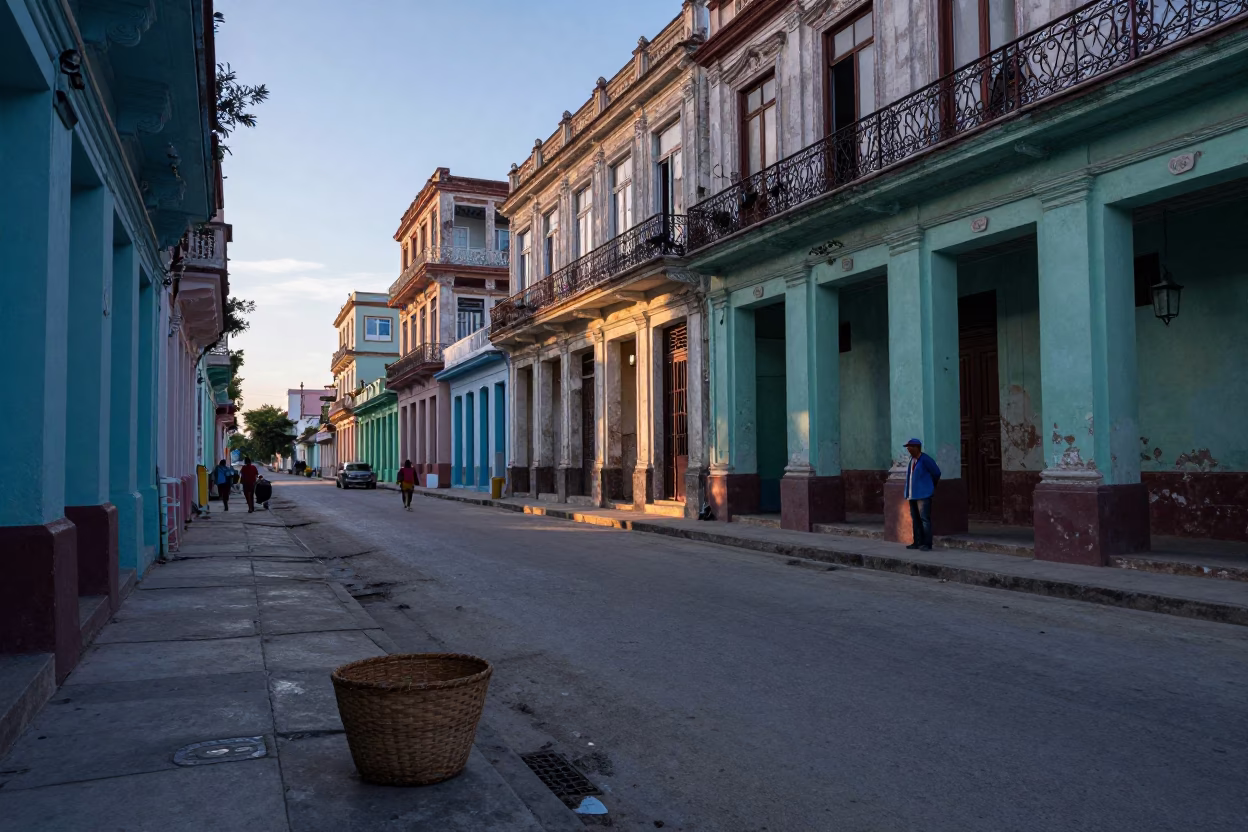 Early Morning Havana Street Scene with Woven Basket and Faded Colonial Architecture in in Havana, Cuba