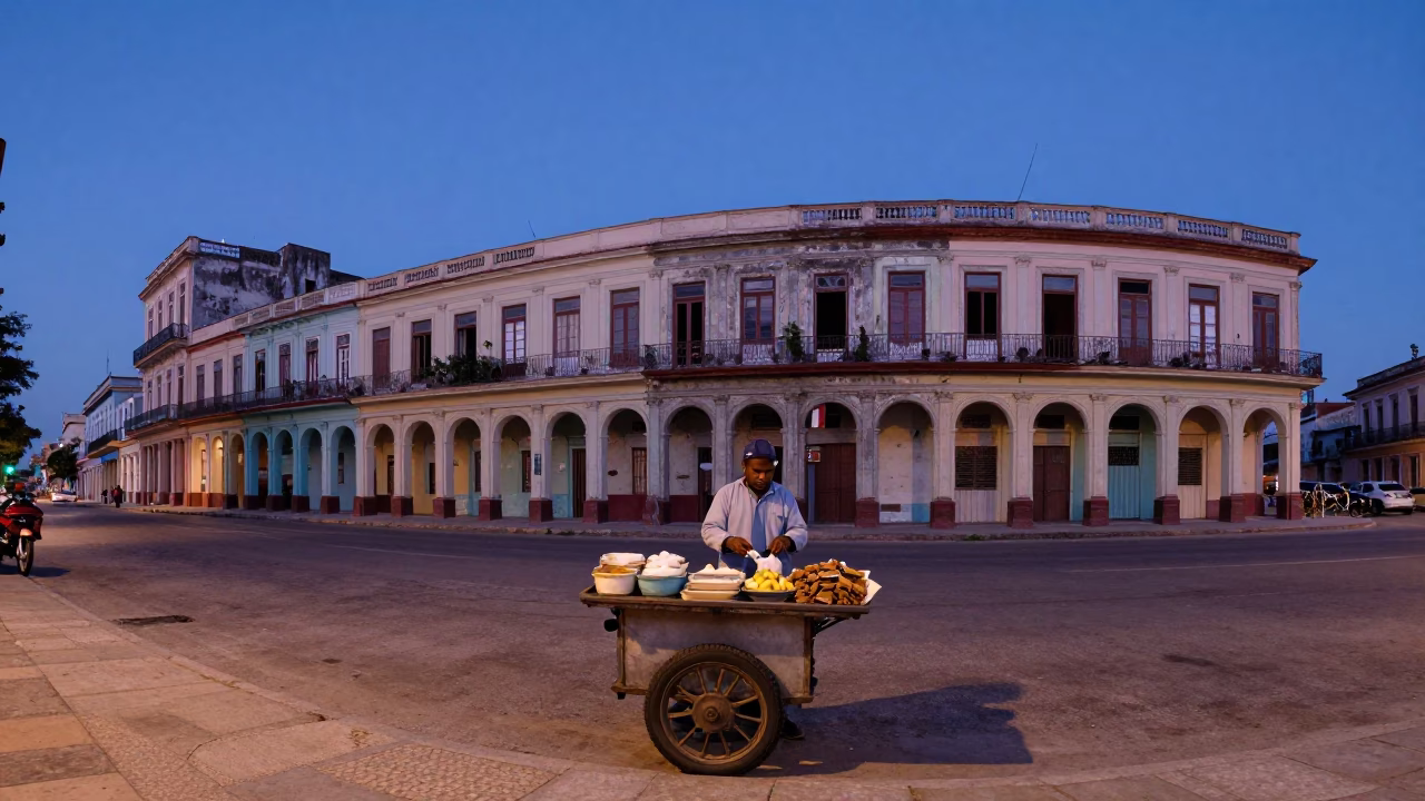 Early Morning Havana Street Vendor Preparing Food Before Dawn with Avocados and Ladle in in Havana, Cuba
