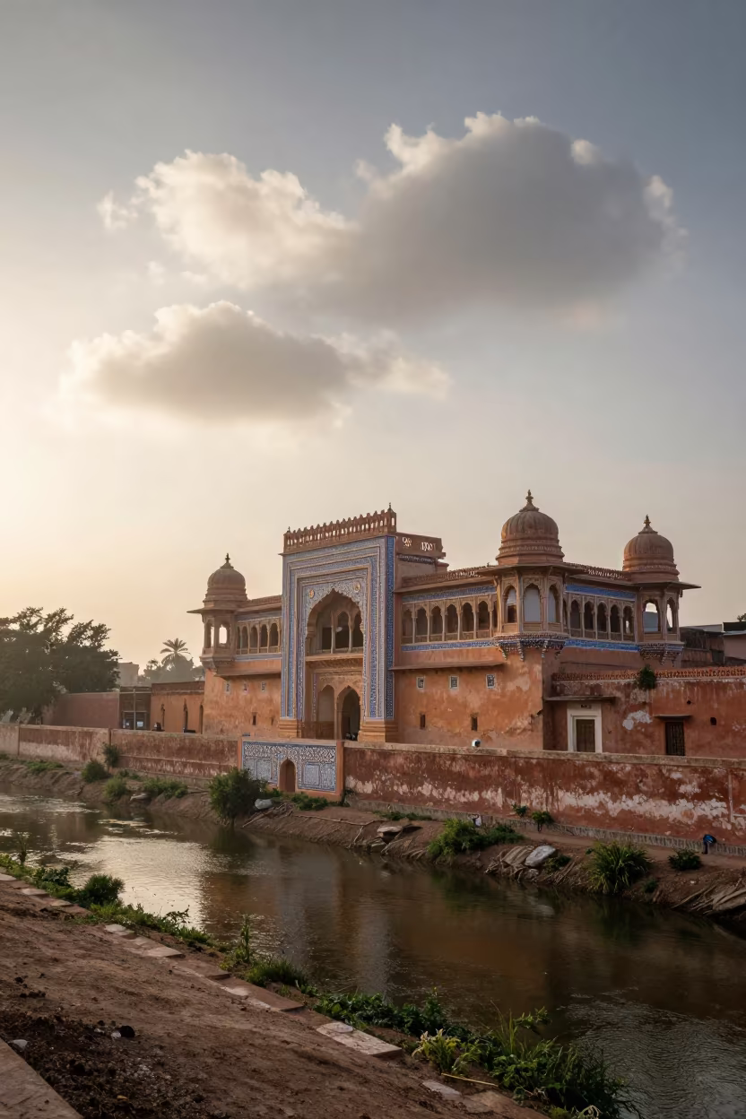 Early Morning Haveli Facade by Canal in Punto Fijo in beside a canal-front facade in Punto Fijo