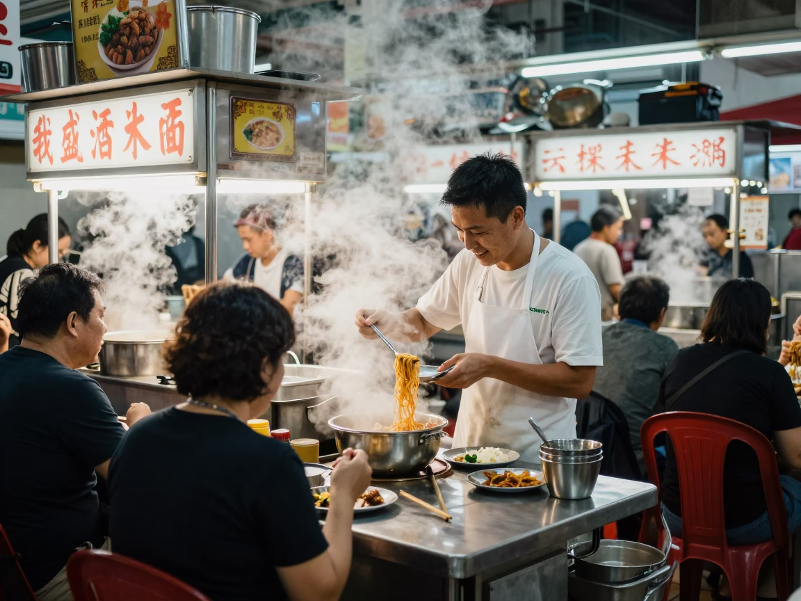 Early Morning Hawker Centre Street Food Stall Activity in Singapore City Market in in Singapore, Singapore