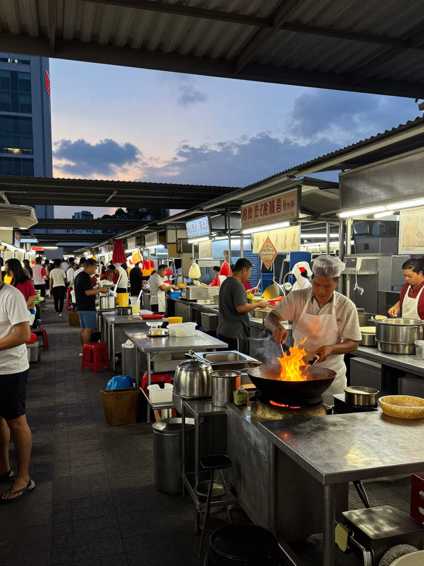 Early Morning Hawker Stall Activity in Singapore Before Sunrise in in Singapore, Singapore
