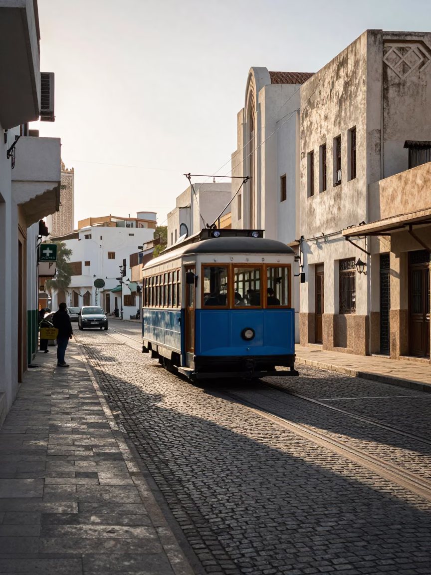 Early Morning Heritage Tram on Cobblestone Avenue in Casablanca Morocco in in Casablanca, Morocco