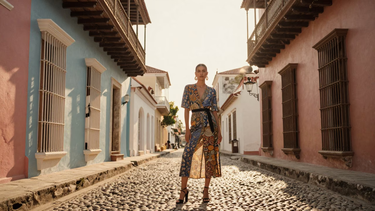 Early Morning High Fashion Portrait in Colonial Cartagena Colombia Street Scene in in Cartagena, Colombia