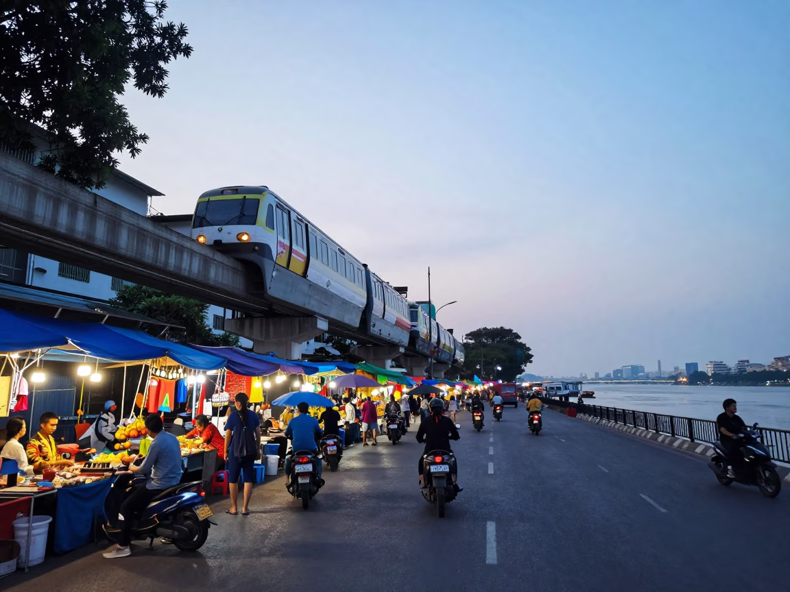 Early Morning Ho Chi Minh City Vietnam Street Scene with Monorail and River in in Ho Chi Minh City, Vietnam