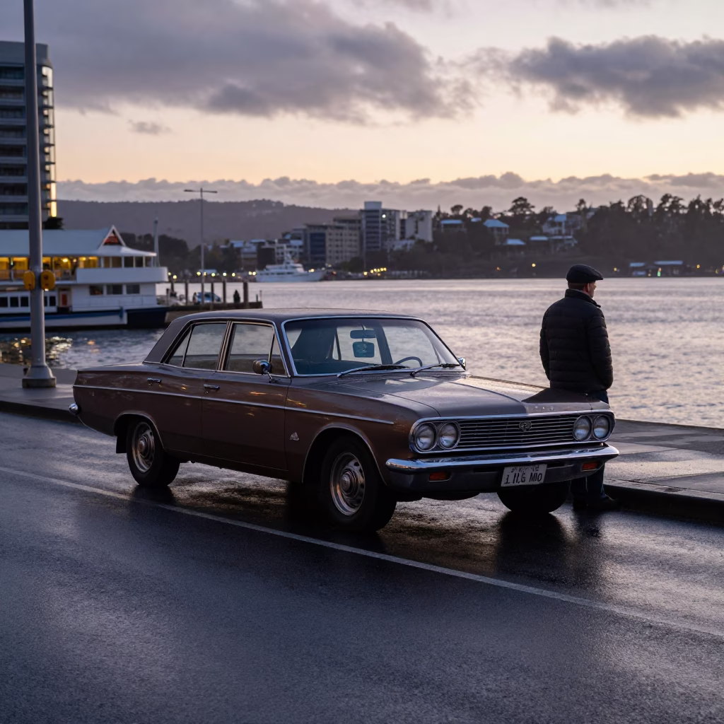 Early Morning Hobart Harbor Street Scene with Vintage Cars and Maritime Activity in in Hobart, Tasmania, Australia