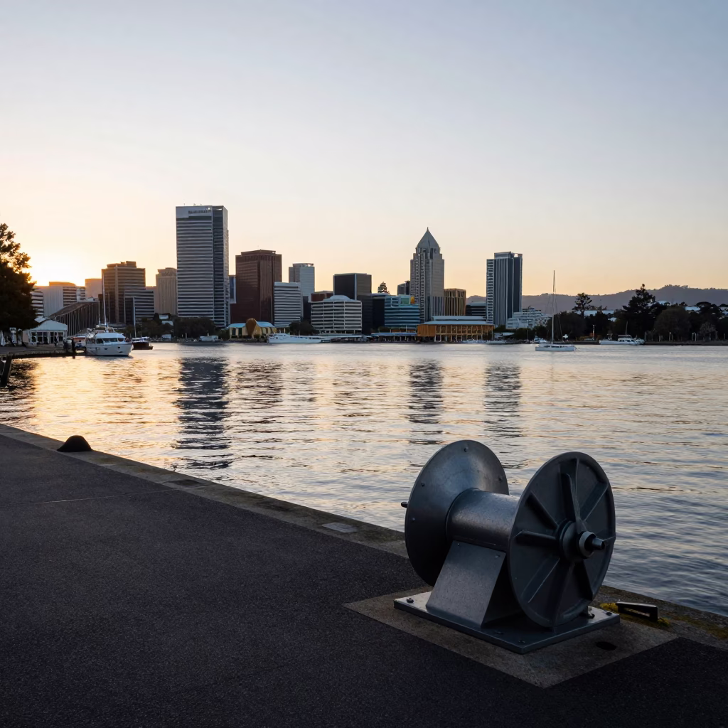Early Morning Hobart Harbor Waterfront Promenade with Hydrophone Winch and Golden Light in in Hobart, Tasmania, Australia