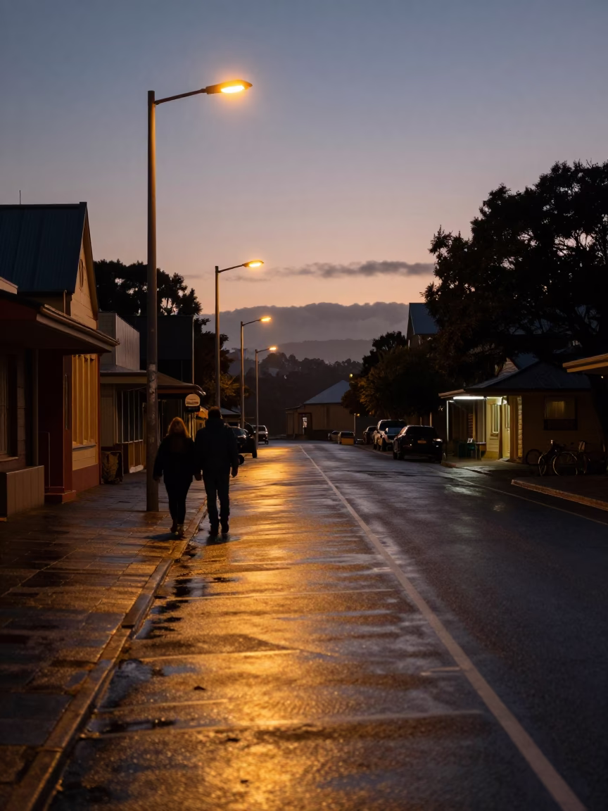 Early Morning Hobart Street Scene Before Dawn with Peg Rails and Quiet Urban Atmosphere in in Hobart, Tasmania, Australia