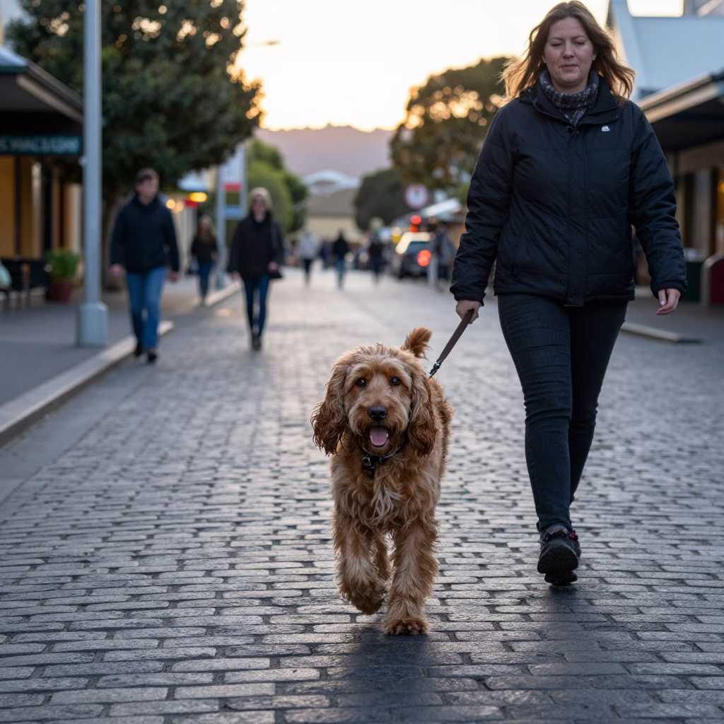 Early Morning Hobart Street Scene with American Water Spaniel and Local Urban Details in in Hobart, Tasmania, Australia