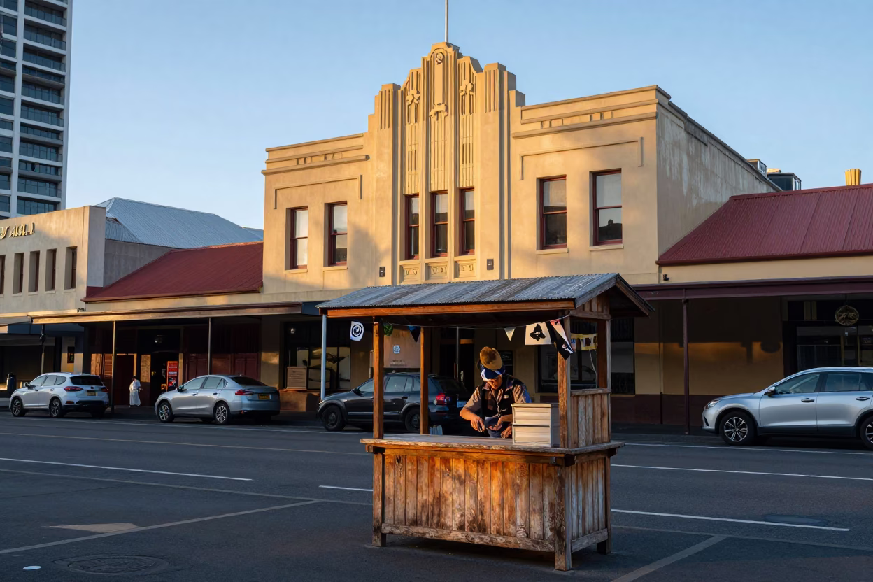 Early Morning Hobart Street Scene with Art Deco Facade and Driftwood Market Stall in in Hobart, Tasmania, Australia