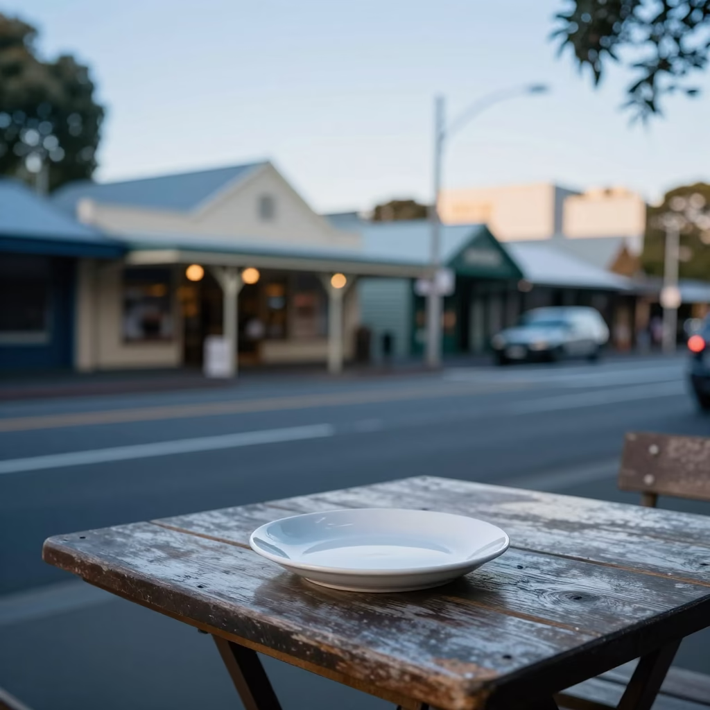 Early Morning Hobart Street Scene with Blue and White Porcelain Plate and Serving Spoon in in Hobart, Tasmania, Australia