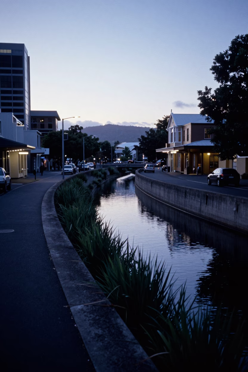 Early Morning Hobart Street Scene with Concrete Canal and Mail Boat in in Hobart, Tasmania, Australia