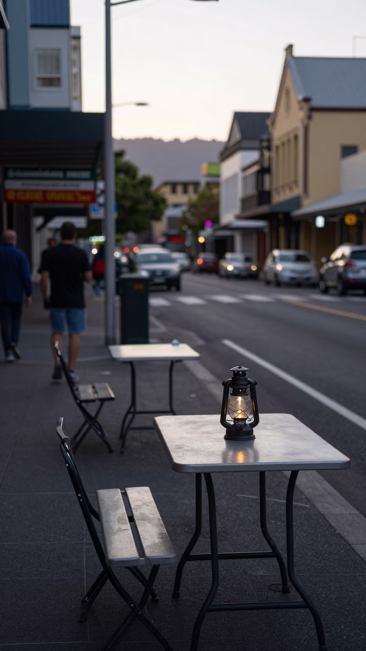 Early Morning Hobart Street Scene with Folding Tables and Lanterns in Tasmania Australia in in Hobart, Tasmania, Australia
