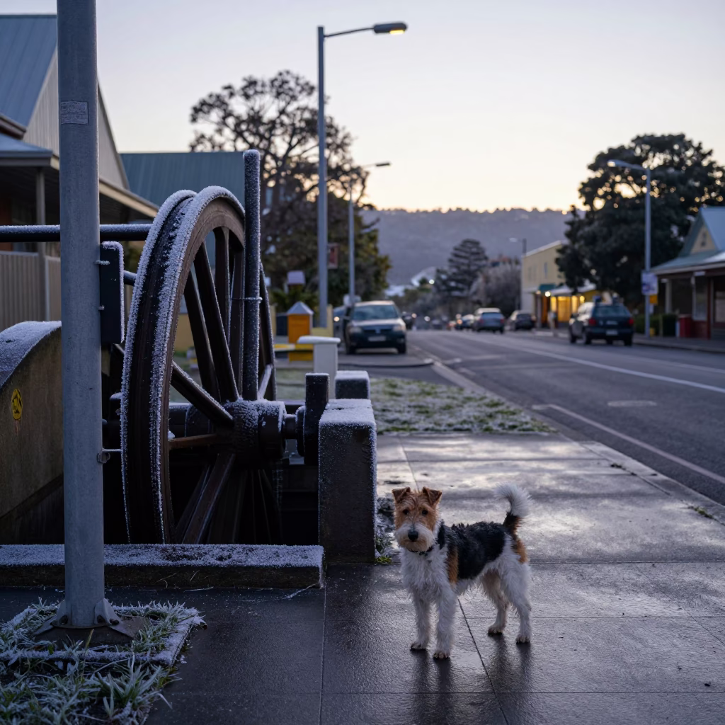 Early Morning Hobart Street Scene with Frost and Local Commerce Before Sunrise in in Hobart, Tasmania, Australia